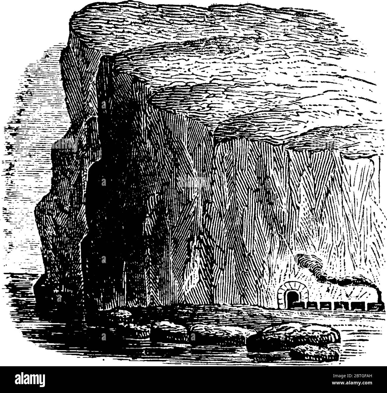 Una ferrovia è fatta all'interno della montagna da dove è passato un treno che mostra dove c'è una strada, un disegno di linea d'epoca o engra Illustrazione Vettoriale