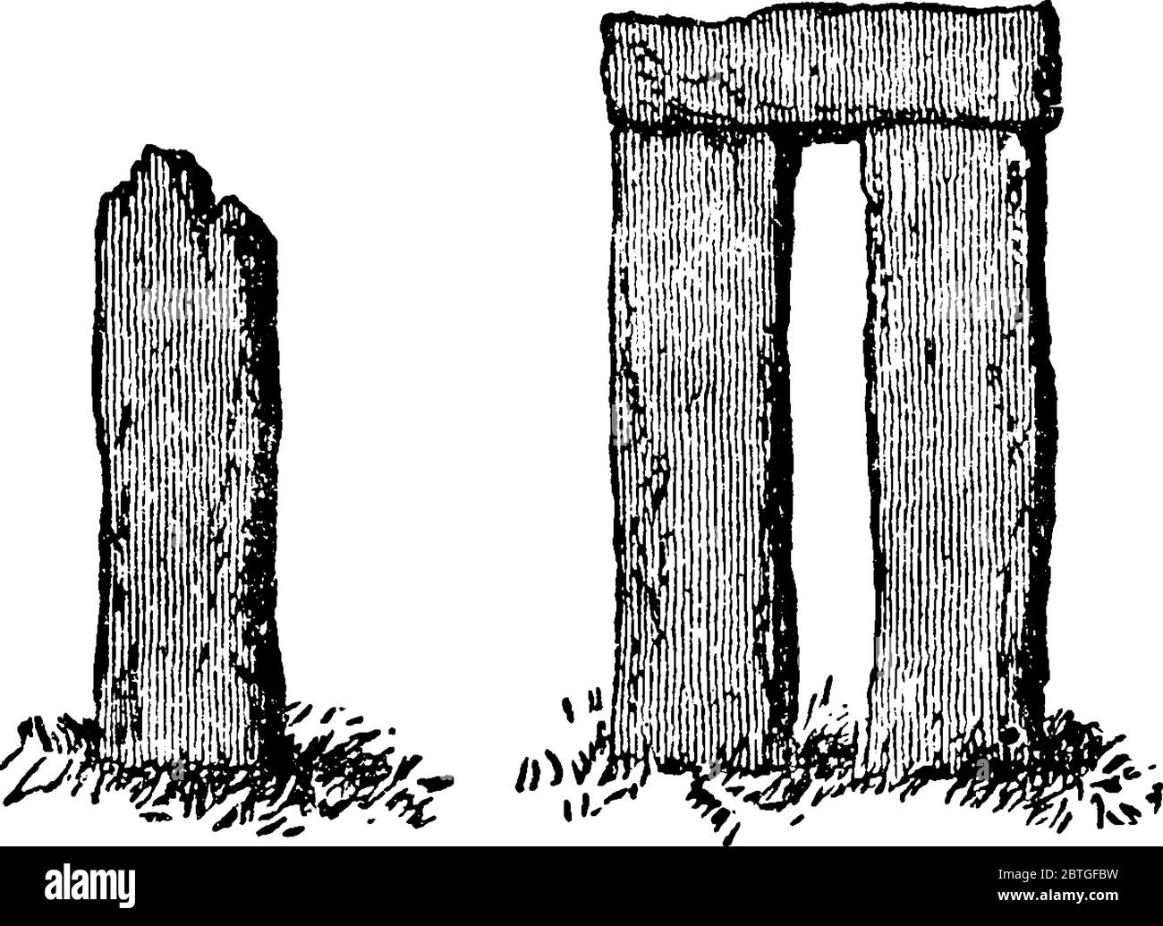 Una rappresentazione tipica della struttura preistorica di una singola pietra verticale, alta 63 piedi, e di 14 piedi di diametro alla sua parte più larga, wh Illustrazione Vettoriale