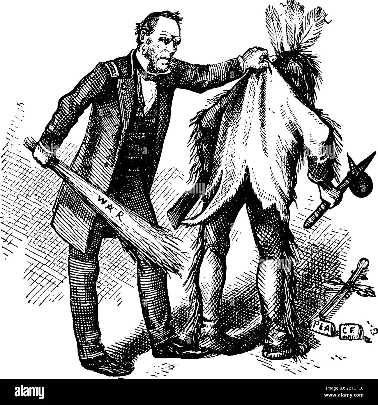 La caricatura di Thomas Nast raffigura indignazioni indiane durante l'uccisione di Ju, il disegno di una linea d'epoca o l'illustrazione dell'incisione. Illustrazione Vettoriale