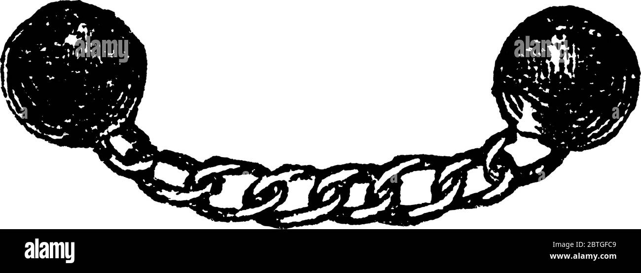 chain shot è un tipo di proiettile di cannone formato da due palline di sub-calibro, o semipallette, concatenate insieme, disegno di linee vintage o incisione illustra Illustrazione Vettoriale