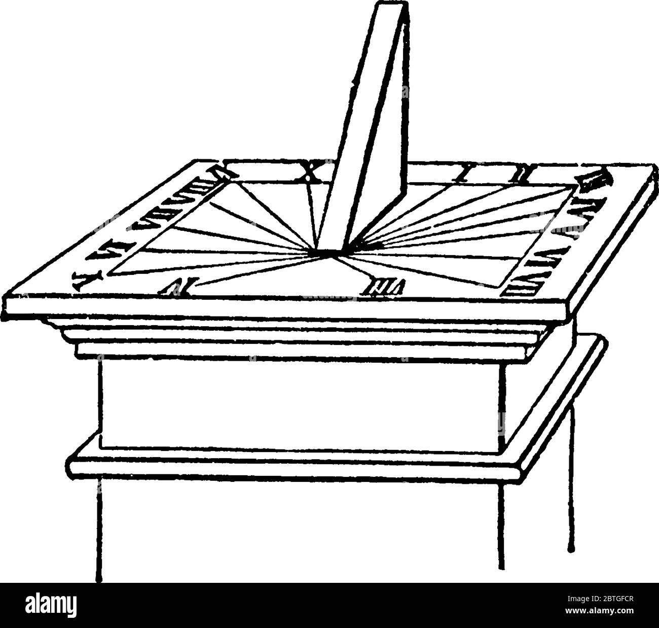 Meridiana, un dispositivo che misura il tempo in base alla posizione del Sole, al disegno di una linea vintage o all'illustrazione dell'incisione. Illustrazione Vettoriale