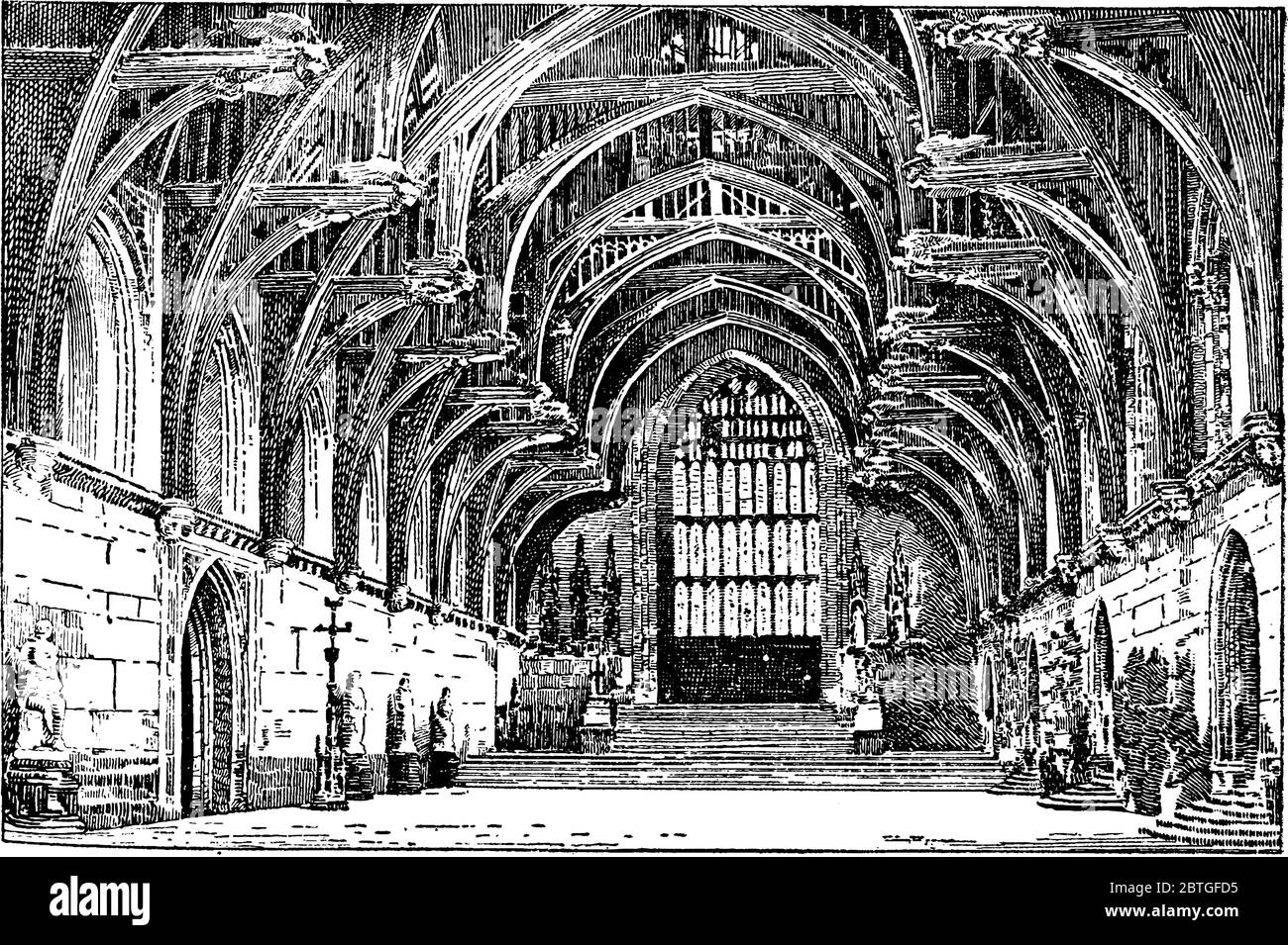 All'interno della Westminster Hall, un edificio storico di Londra, disegno di linee d'epoca o illustrazione di incisione. Illustrazione Vettoriale