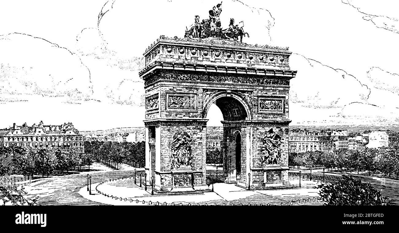 Monument rappresenta il trionfo militare degli eserciti rivoluzionari e napoleonici, il disegno di linee d'epoca o l'illustrazione dell'incisione. Illustrazione Vettoriale