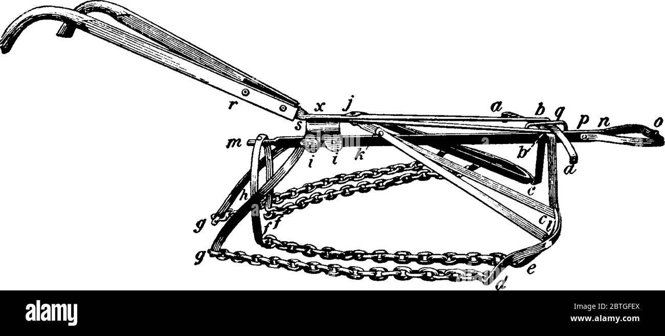 Una rappresentazione tipica di un coltivatore a catena Hinds, un attrezzo e una macchina utile in agricoltura e nella raccolta, generalmente utilizzati per la coltivazione e la dr Illustrazione Vettoriale