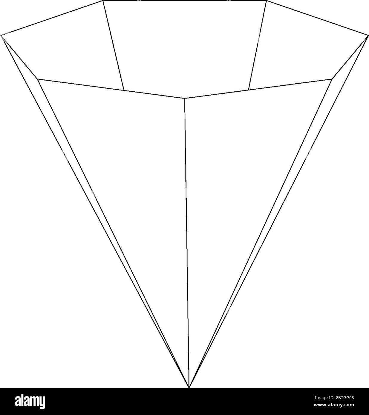Costruzione geometrica di una piramide eptagonale (settagonale) destra cava. La base è un eptagono e le facce sono triangoli isoscele, linea d vintage Illustrazione Vettoriale