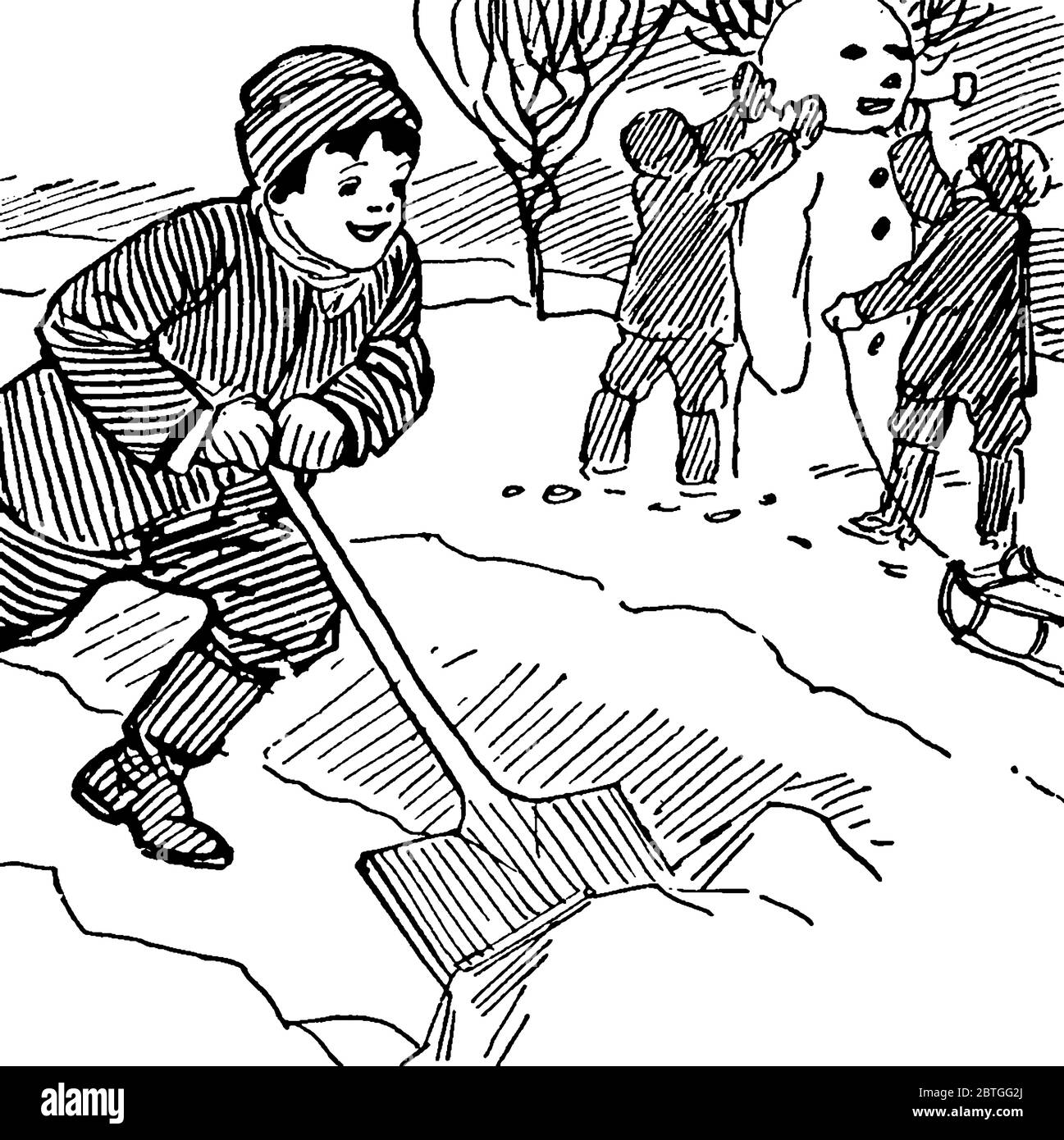 Bambini che giocano nella neve e costruiscono pupazzi di neve, disegni di linee d'epoca o illustrazioni di incisione. Illustrazione Vettoriale