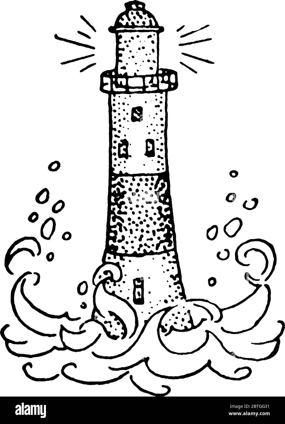 Una torre o altra struttura sopraelevata che porta una luce in alto e eretta, per servire da guida o avvertimento di pericolo per i navigatori di notte, vintage l Illustrazione Vettoriale