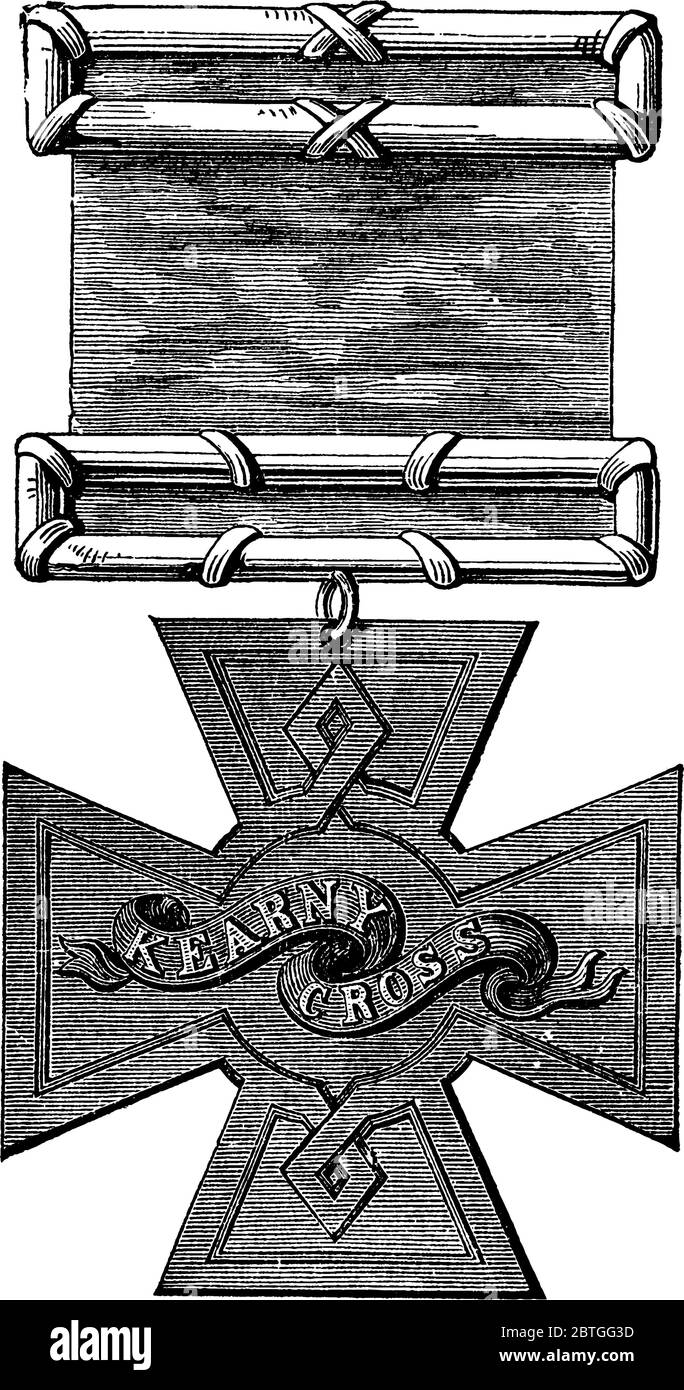 Figura raffigurante Kearny Cross, fu una decorazione militare dell'esercito degli Stati Uniti per l'eroismo militare, il disegno di linee d'epoca o l'incisione di illustri Illustrazione Vettoriale