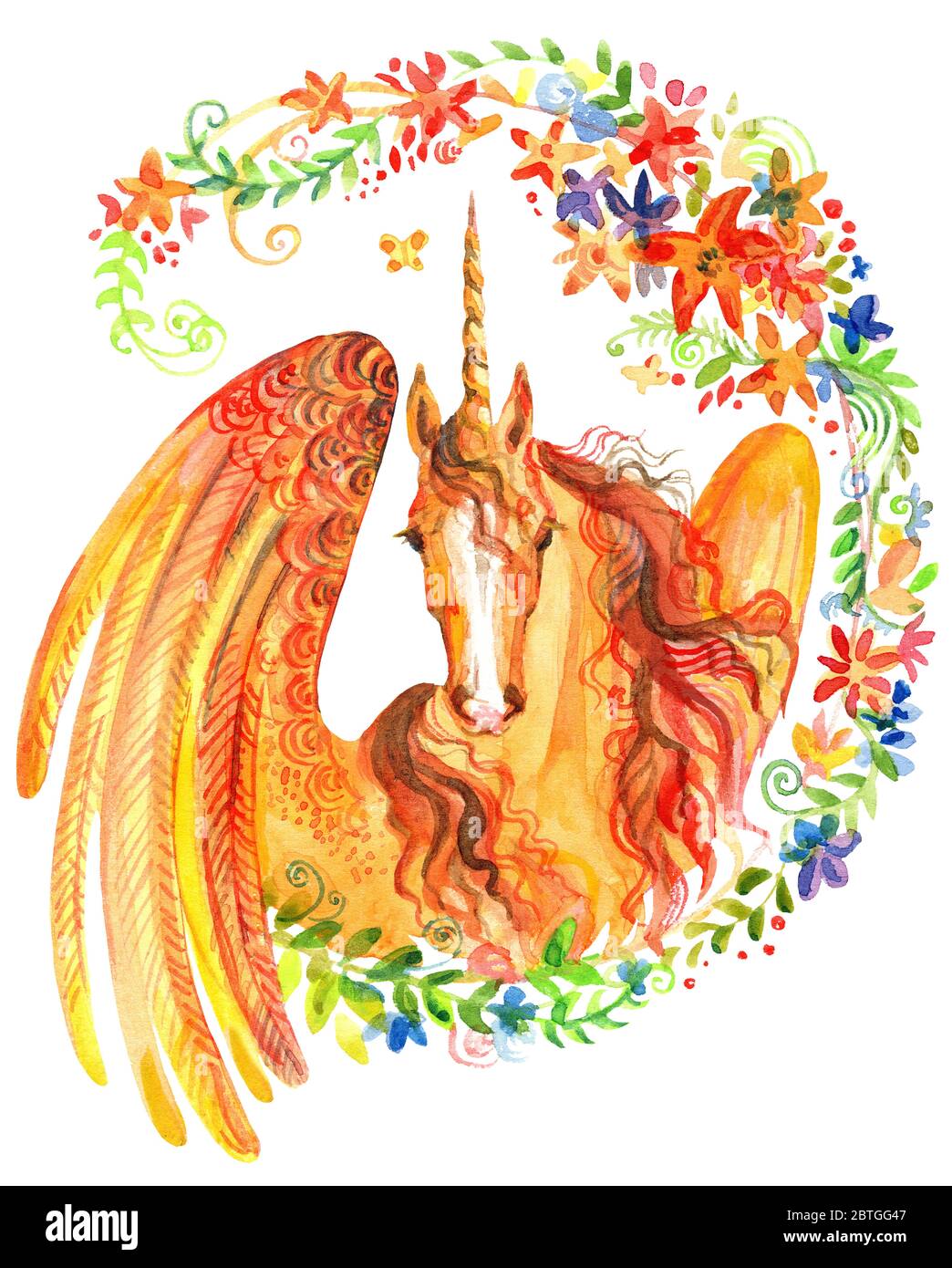 Unicorno con ali in cornice floreale, illustrazione acquerello isolato su sfondo bianco per design, biglietti d'auguri, carta. Illustrazione del magazzino. Foto Stock