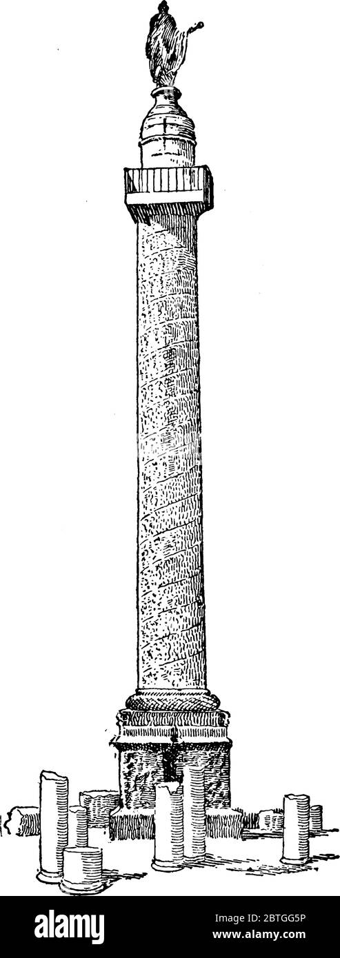 Una lunga torre a Roma è il simbolo della vittoria di Traiano nella guerra Daciana, del disegno di linee d'epoca o dell'incisione. Illustrazione Vettoriale