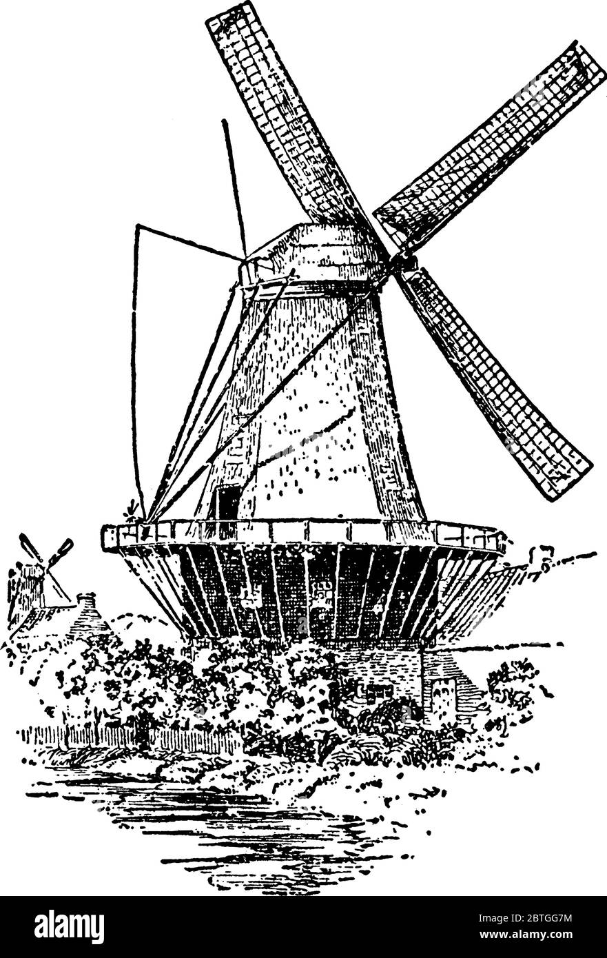Windmill, una macchina, progettata per convertire l'energia del vento in forme più utili utilizzando lame rotanti o vele, disegni di linee vintage o incisioni Illustrazione Vettoriale