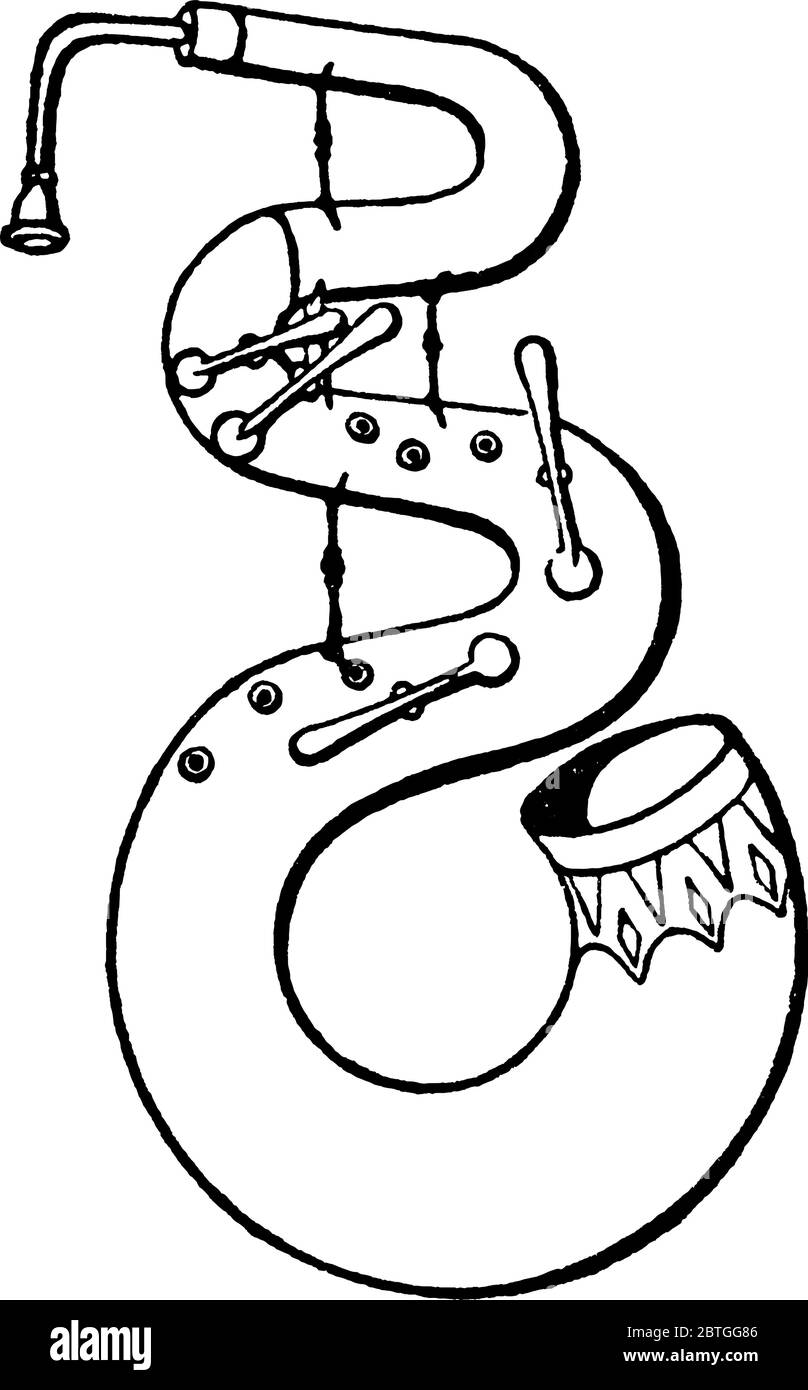 Serpente, strumento musicale, con un boccaglio a tazza, un tubo conico di legno piegato e per più volte e solitamente ricoperto di cuoio, e n Illustrazione Vettoriale