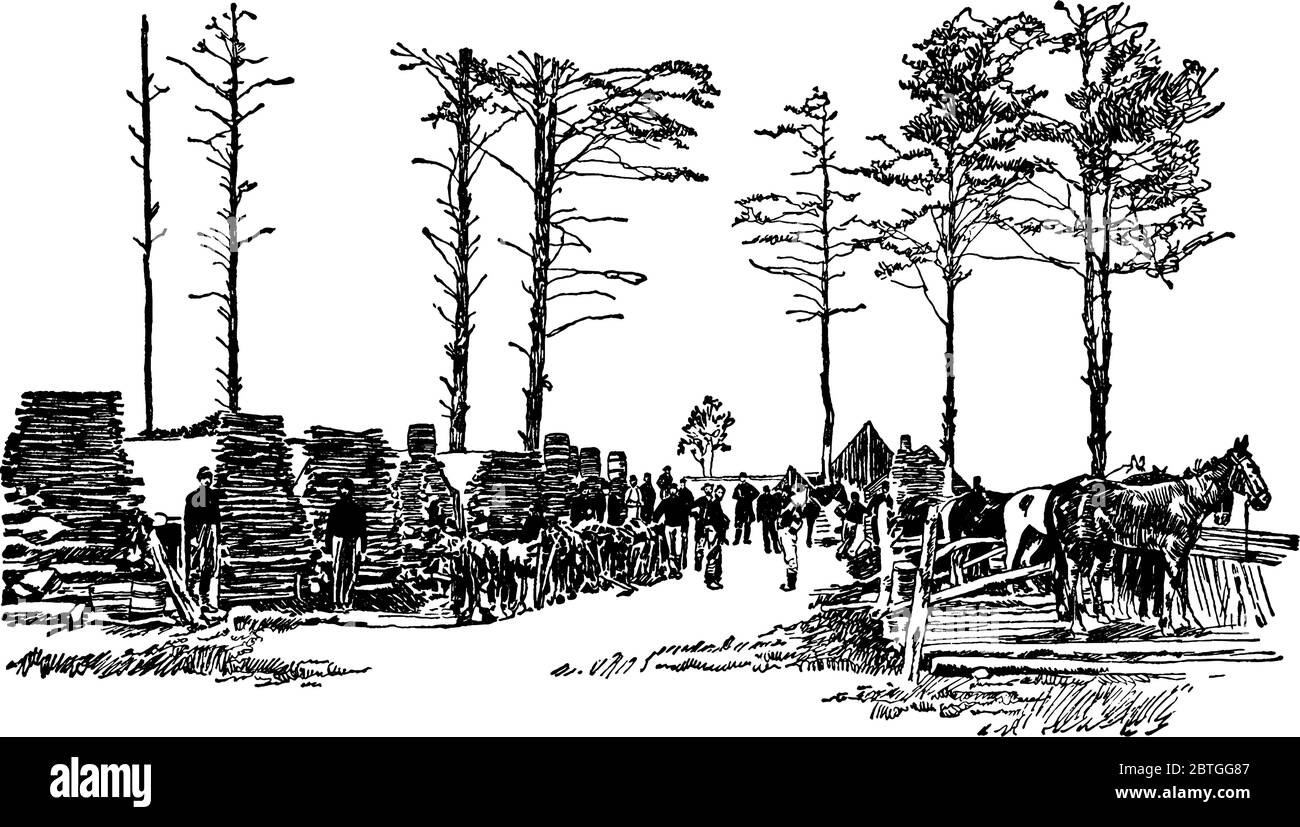 La rappresentazione tipica del campo di Cavalleria federale con alberi, persone, animali e case nella stagione invernale, disegno di linee d'epoca o incisione Illustrazione Vettoriale
