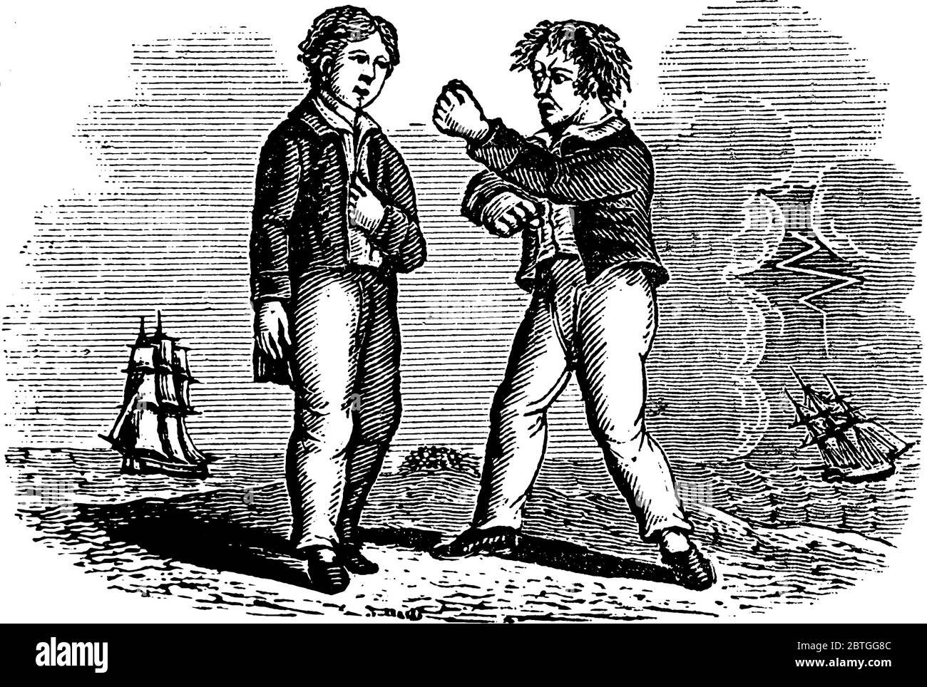 Due ragazzi sono in piedi e uno di loro è punzonatura su altri volti, ma l'altro non risponde e quindi non si verificherà alcun combattimento, vintage linea di disegno Illustrazione Vettoriale