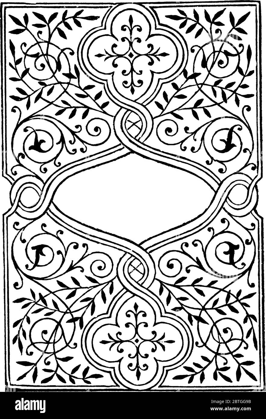 Le linee curve che circondano e interlacciano la struttura geometrica di un disegno per una copertina-libro nello stile di Grolier, disegno di linea vintage Illustrazione Vettoriale
