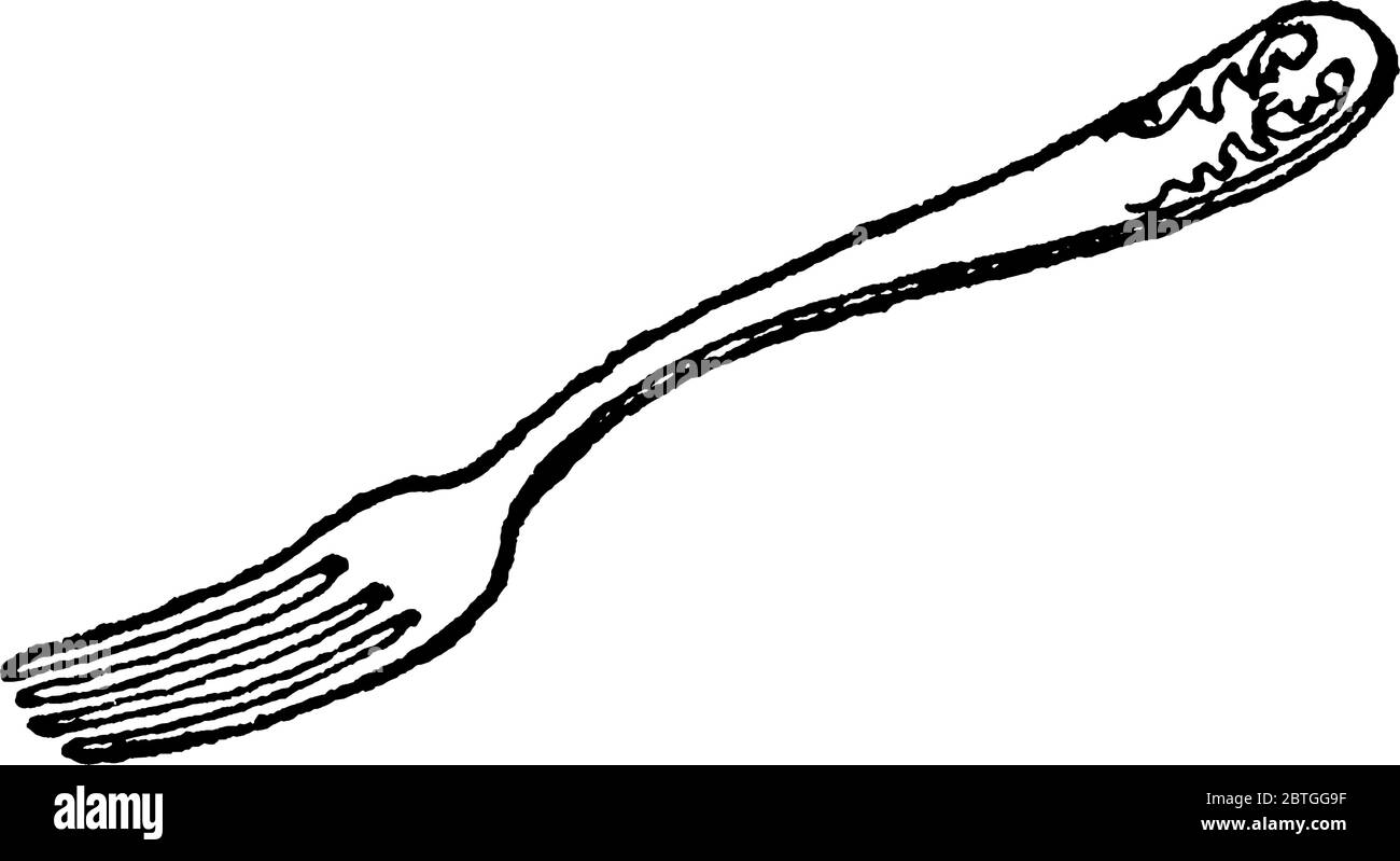 Una forcella, ha due o più rebbi utilizzati per sollevare il cibo in bocca o per afferrarlo durante il taglio, disegno di linea vintage o illustrazione di incisione. Illustrazione Vettoriale