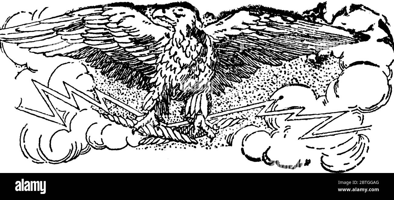 Un doodad aquila, un'aquila con ali aperte al centro, circondato da disegni fantasia ripetuti, disegno di linee vintage o illustrazione di incisione. Illustrazione Vettoriale