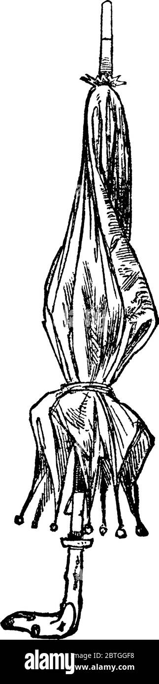 Con un ombrello non aperto, utilizzato per la protezione di persone durante la pioggia, disegno di linee vintage o illustrazione dell'incisione. Illustrazione Vettoriale