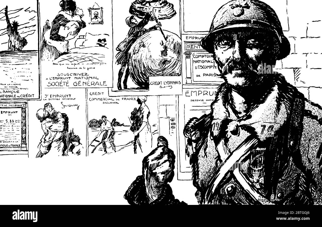 Un'illustrazione del cartone animato politico della Francia in guerra, con un soldato davanti, puntando il dito sul pollice su alcuni cartoni animati visualizzati sul retro di Illustrazione Vettoriale