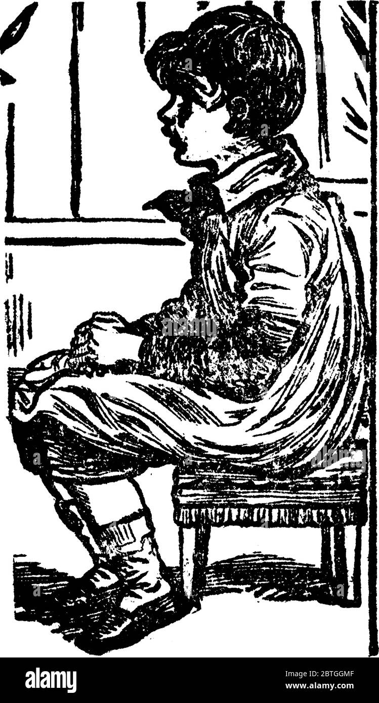Una tipica rappresentazione di un ragazzino seduto in una panchina e in attesa di qualcuno con un volto depresso, disegno di linea vintage o incisione illustri Illustrazione Vettoriale