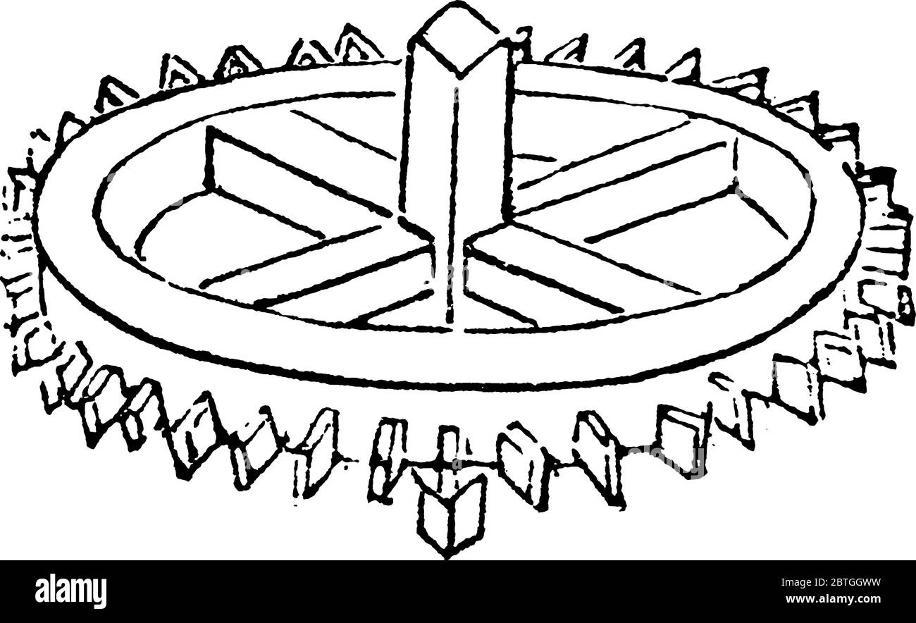 Ruota dentata, un ingranaggio con denti inseriti, sostituibili, progettato per trasmettere la coppia ad un altro ingranaggio o componente dentato, disegno di linea vintage o incisione Illustrazione Vettoriale