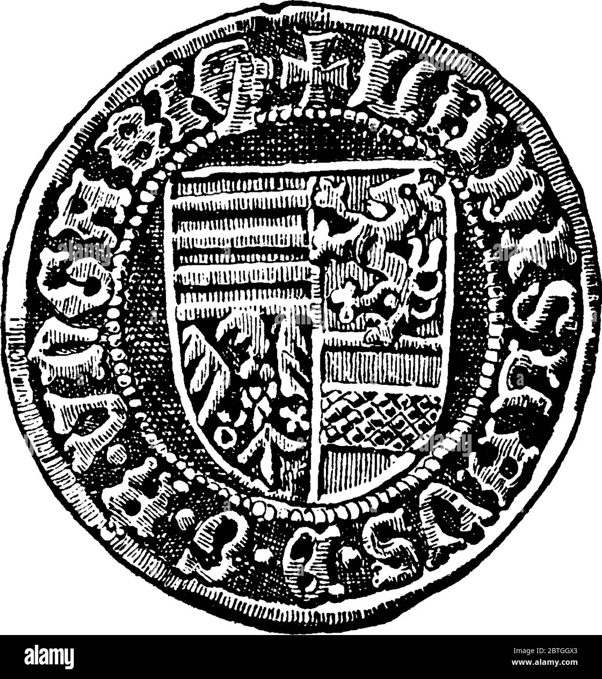 Il lato opposto di un Ducato, una moneta d'oro, di Ladislao Postumus, il re d'Ungheria dal 1452 al 1457 d.C., disegno di linea d'epoca o incisione illustri Illustrazione Vettoriale
