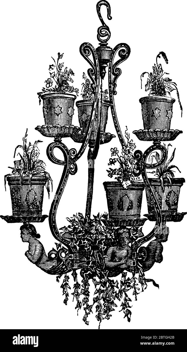 Supporto per appendere vasi di fiori, disegni di linee vintage o illustrazioni di incisione. Illustrazione Vettoriale