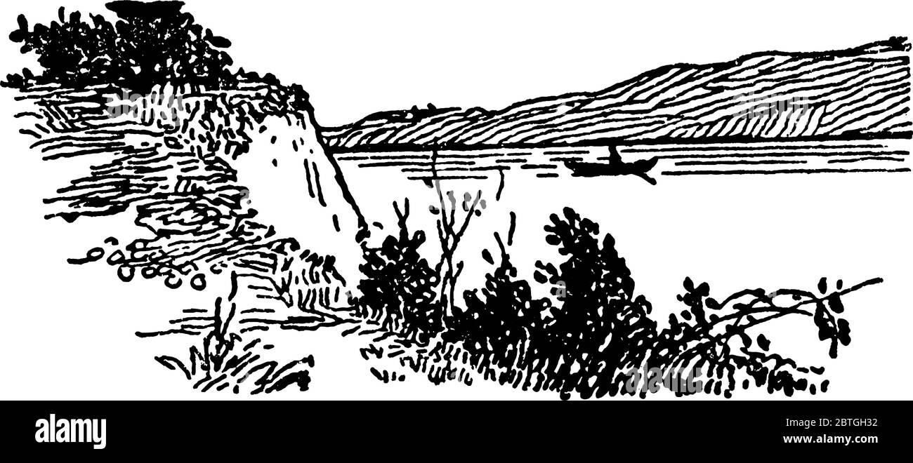 Figura che mostra una riva del fiume, è il terreno lungo il letto di un fiume o di un ruscello, disegno di linea vintage o illustrazione di incisione. Illustrazione Vettoriale