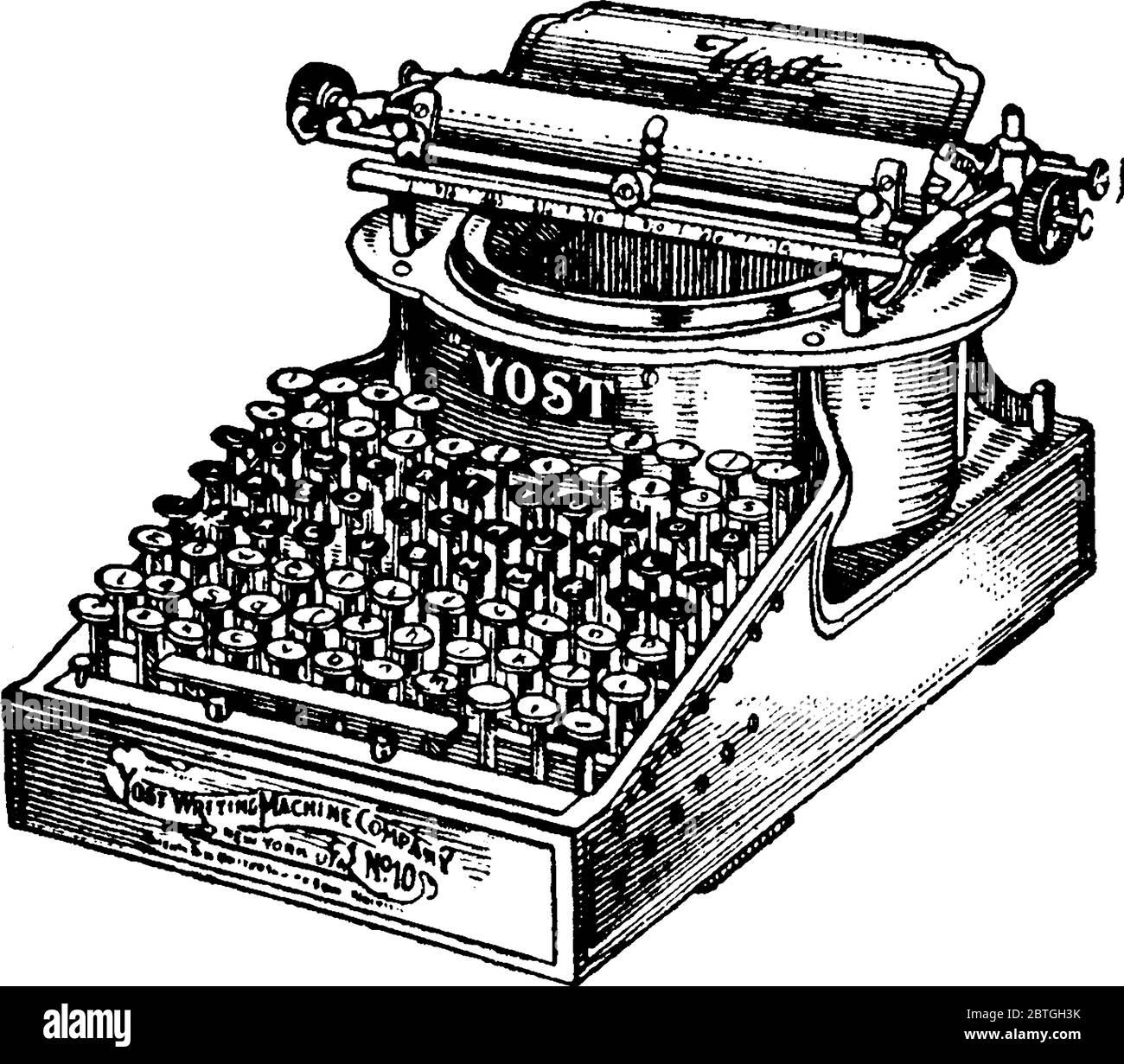 Figura che mostra la macchina da scrivere realizzata da yost writing machine Company, è utilizzato per scrivere caratteri simili a quelli prodotti da stampanti, linea vintage Illustrazione Vettoriale