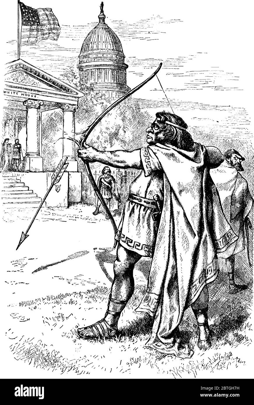 Questa storica caricatura illustra l'azione di Sumner di informare contro il presidente Grant., disegno di linea vintage o illustrazione di incisione. Illustrazione Vettoriale