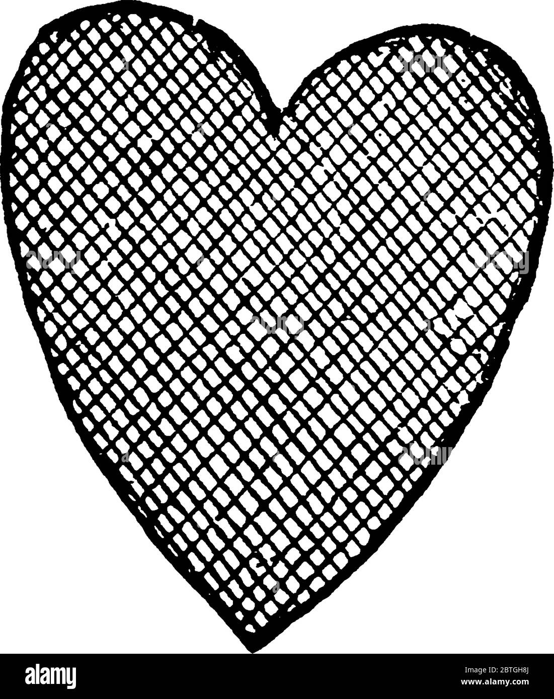 L'immagine che raffigura un simbolo del cuore, con linee simili a mesh che lo attraversano diagonalmente, disegno di linee vintage o illustrazione dell'incisione Illustrazione Vettoriale