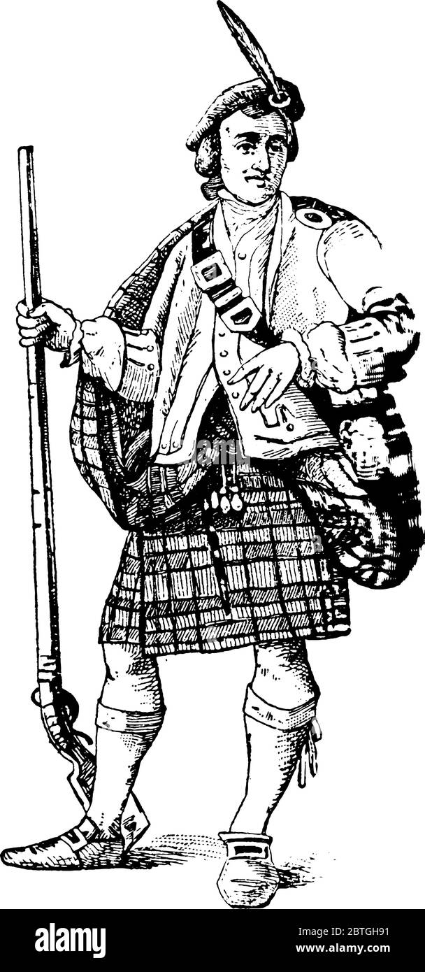 Un highlander che indossa un kilt di plaid, una specie di ginocchio-lunghezza non biforcato gonna, che è solitamente indossata per gli eventi formali e le celebrazioni, linea d vintage Illustrazione Vettoriale