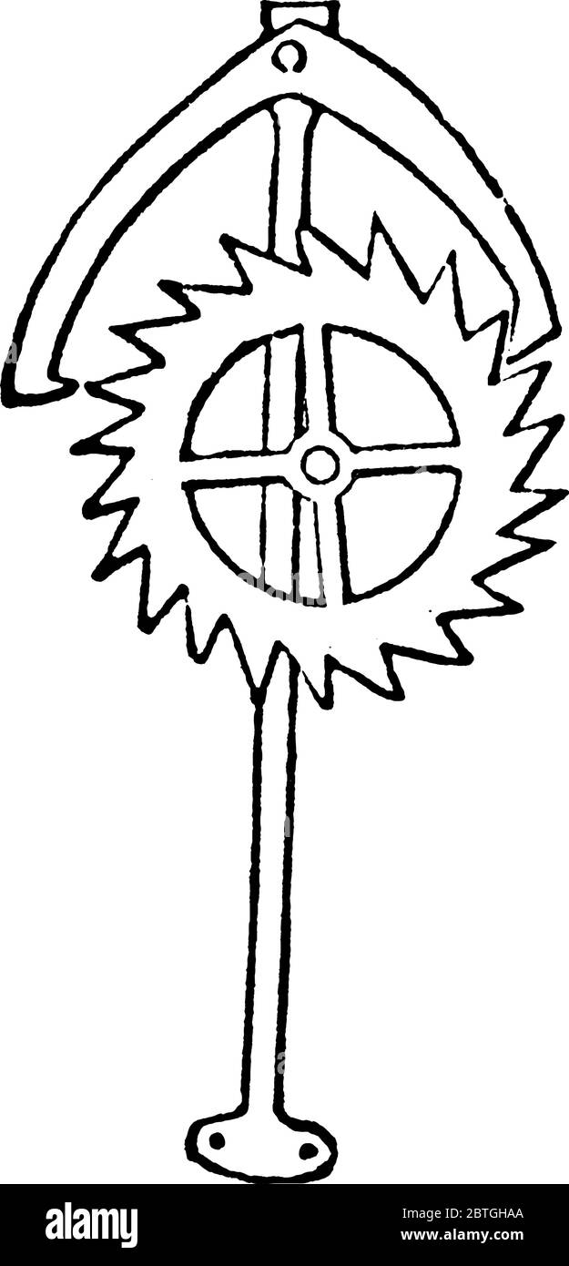 Un pezzo in orologi e orologi che converte il movimento rotatorio in oscillazione, come in un pendolo, disegno di linee vintage o illustrazione di incisione. Illustrazione Vettoriale