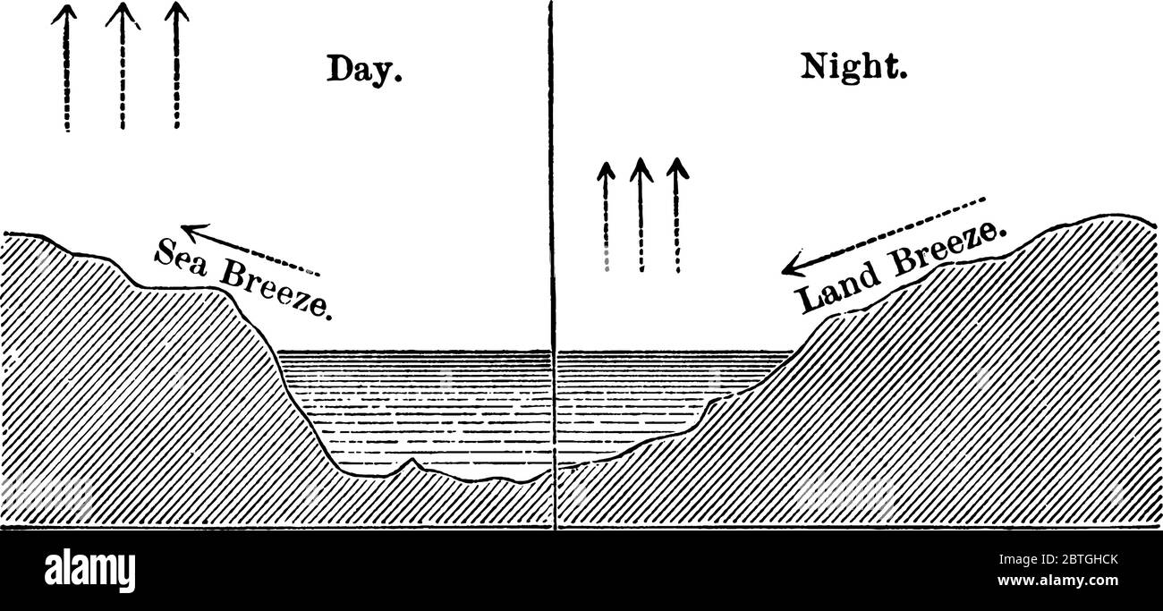 Nel giorno le brezze marine stanno salendo e di notte le brezze di terra stanno venendo verso il basso, disegno di linea vintage o illustrazione di incisione. Illustrazione Vettoriale