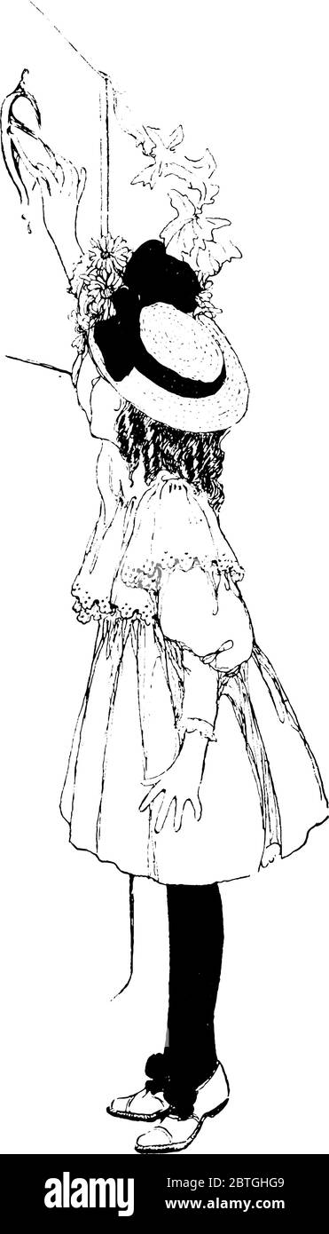 Una ragazza giovane usa un batticalcagno per annunciare la sua presenza, disegno di linea vintage o illustrazione di incisione. Illustrazione Vettoriale