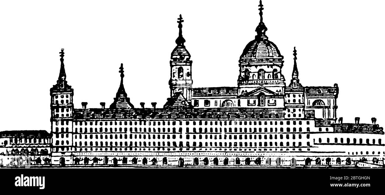 Escorial, gli edifici più notevoli d'Europa, che comprende un convento, una chiesa, un palazzo e un mausoleo, situato sulla facciata sud-orientale Illustrazione Vettoriale