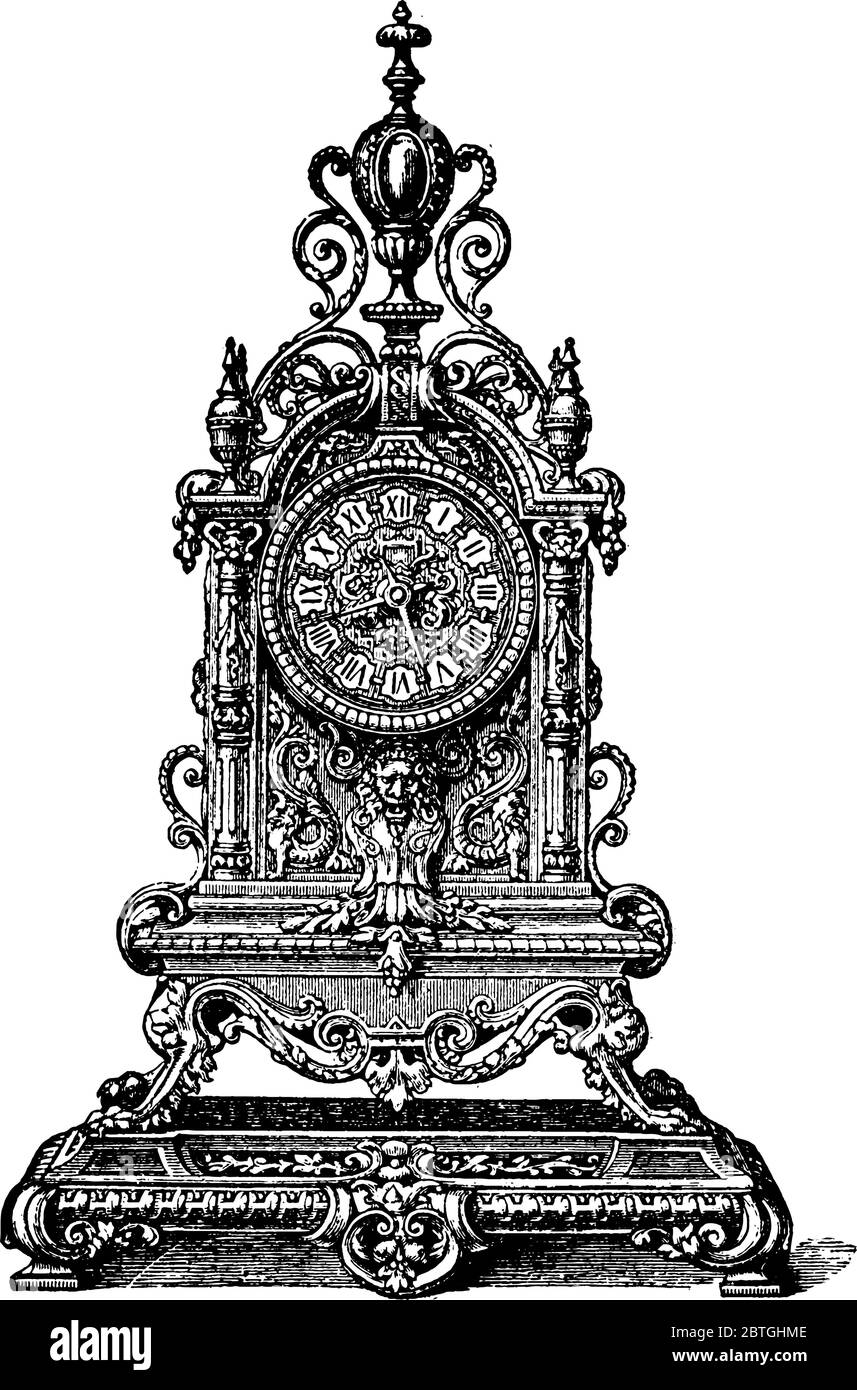 Un orologio in bronzo è di stile Enrico II, con alcune decorazioni e incisioni su di esso. Numeri romani incisi in essa, visualizza l'ora corrente, Illustrazione Vettoriale