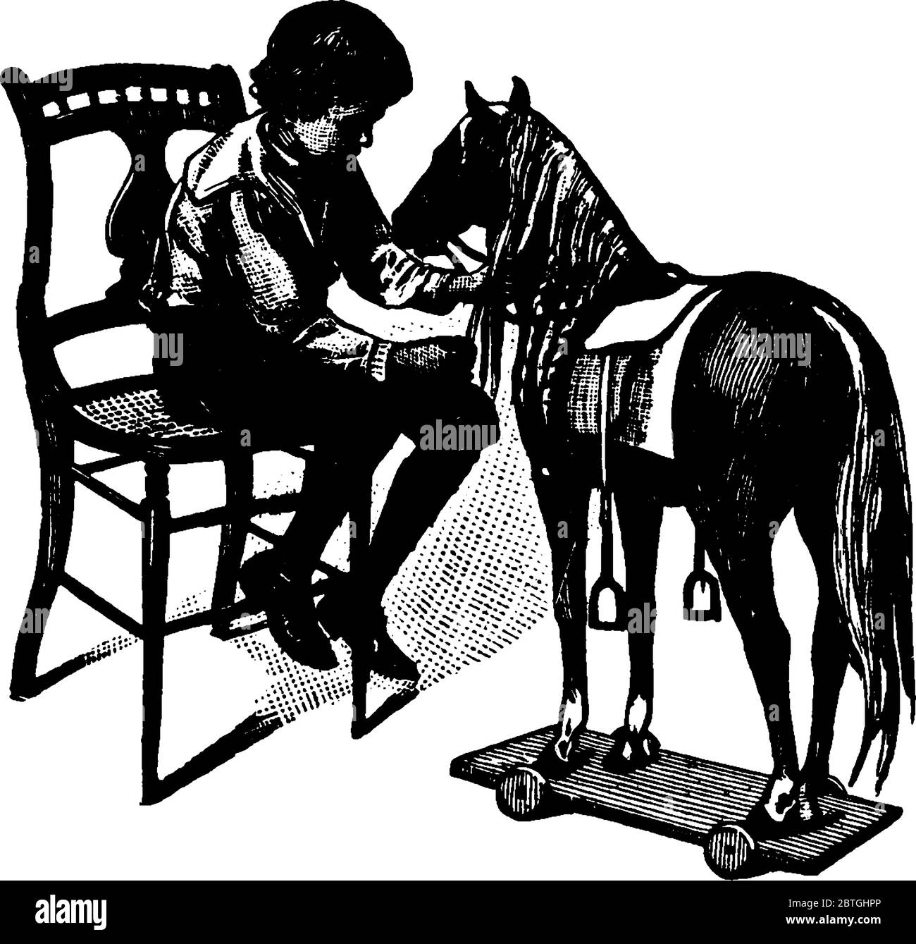 Un ragazzino seduto sulla sua sedia, giocando con un cavallo giocattolo, posto accanto a lui , disegno di linea vintage o illustrazione di incisione. Illustrazione Vettoriale
