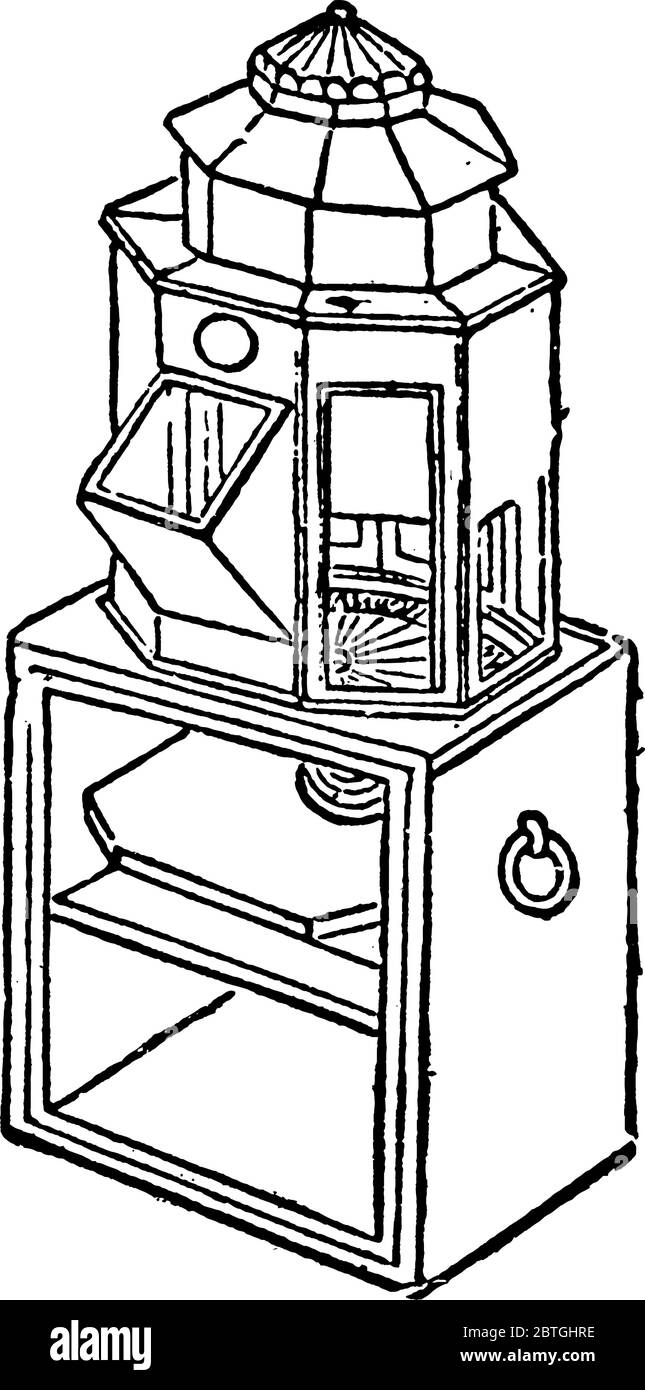 Immagine di una scatola di legno in cui la bussola a bordo di una nave è conservata per proteggerla da eventuali lesioni. Per indicazioni da vedere di notte, una luce i Illustrazione Vettoriale