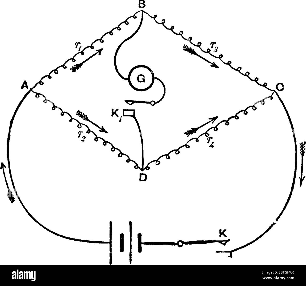 La disposizione della batteria, della resistenza e del galvanometro, con le sue parti etichettate, disegno di linea vintage o illustrazione di incisione. Illustrazione Vettoriale