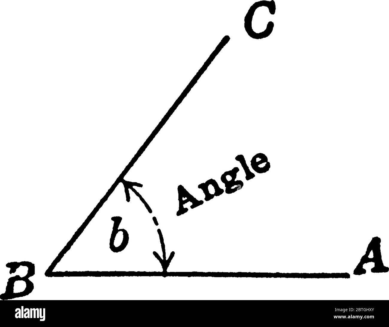 Illustrazione di due segmenti di linea BC, BA e angolo b tra di essi, disegno di linee vintage o illustrazione di incisione. Illustrazione Vettoriale