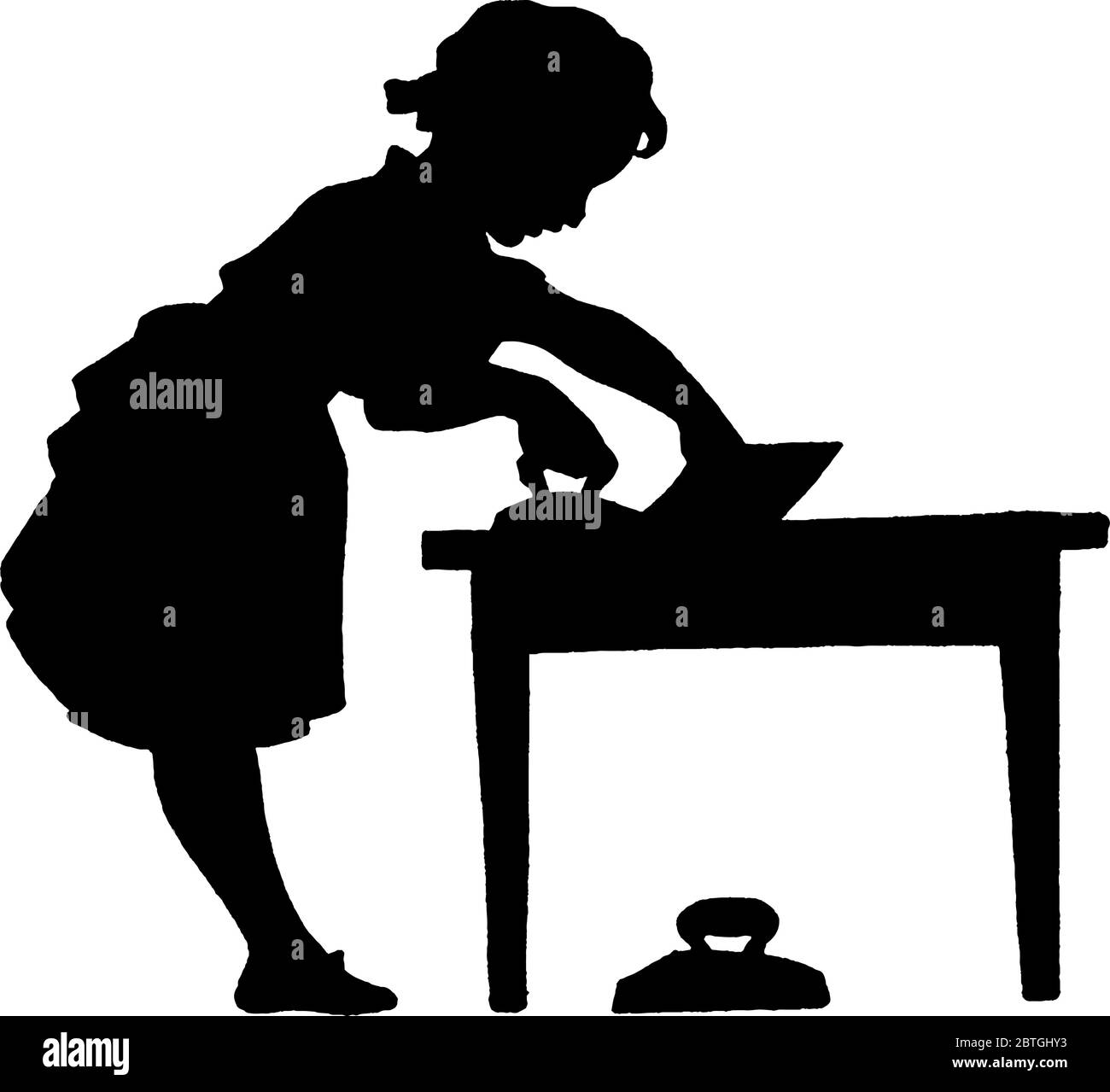 Ragazza che stirare il panno sul tavolo, disegno vintage o incisione illustrazione. Illustrazione Vettoriale