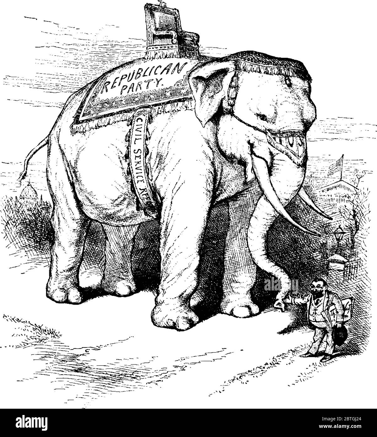 La caricatura del grande elefante rappresenta il Partito Repubblicano di Thomas Nast, disegno di linea vintage o illustrazione di incisione. Illustrazione Vettoriale