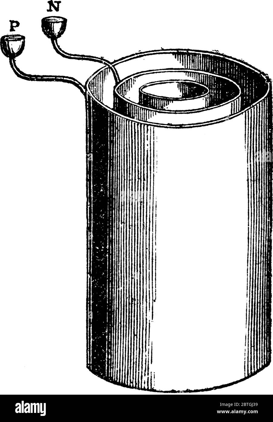 Batteria galvanica, utilizzata per produrre elettricità, mediante la conversione di energia chimica in energia elettrica, disegno di linee d'epoca o incisione Illustrazione Vettoriale