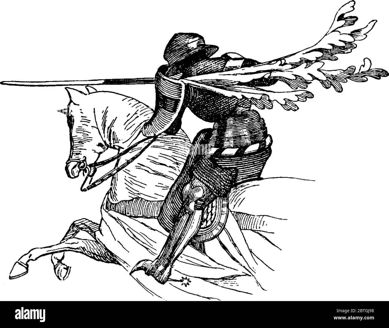 Cavaliere che cavalcano un cavallo al galoppo pieno, che porta un giavellotto e che indossa un'armatura completa. La manica di una donna si allava dalla spalla sinistra. Indossa lo sleev Illustrazione Vettoriale