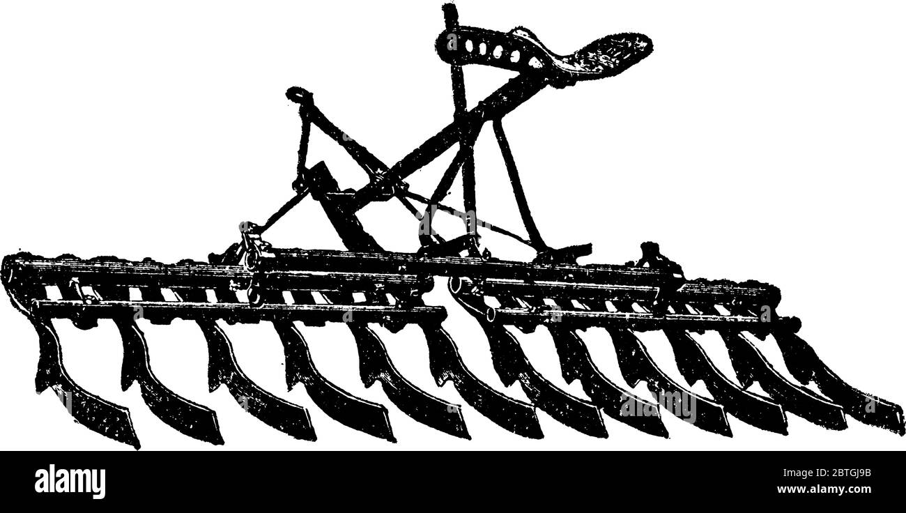 Harrow con più coltelli curvi in metallo, consente di polverizzare il terreno, disegnare linee d'epoca o incidere illustrazioni. Illustrazione Vettoriale