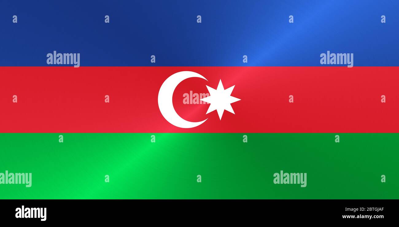 Bandiera dell'Azerbaigian nei colori tradizionali e nelle proporzioni. Struttura metallica. Rendering 3D Foto Stock