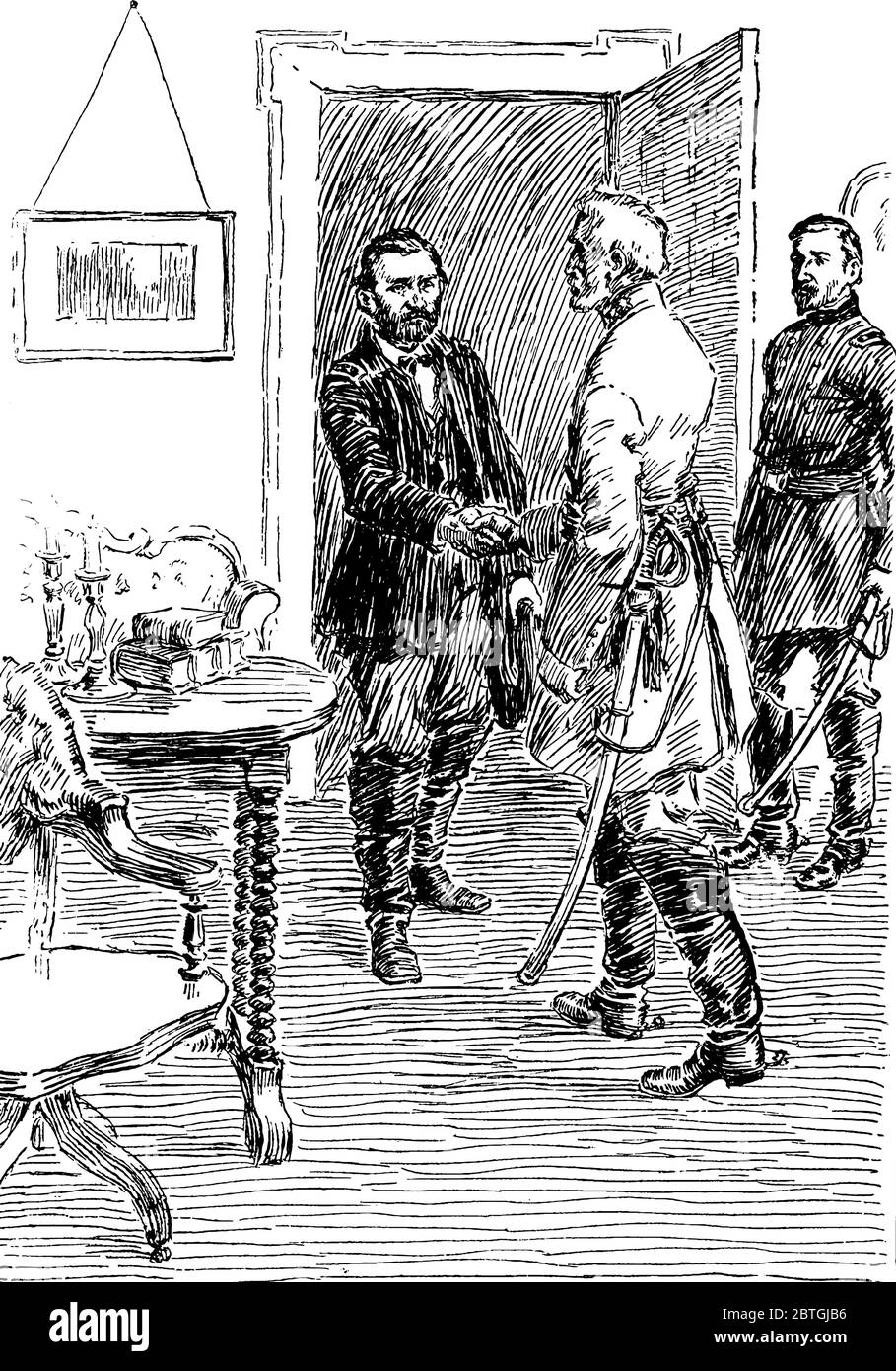 Una rappresentazione tipica dell'incontro dei generali Grant e Lee ad Appomattox, disegno di linea d'epoca o illustrazione dell'incisione. Illustrazione Vettoriale