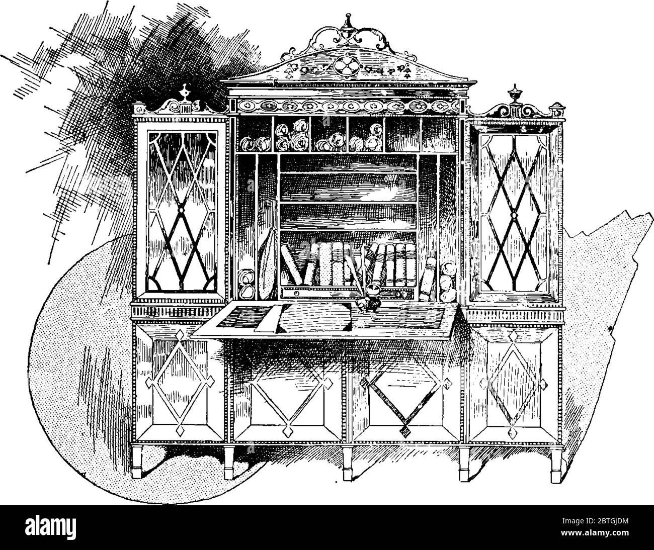 Cabinet e segretari con diversi scaffali e parti progettate da Thomas Sheraton, disegno di linea vintage o illustrazione di incisione. Illustrazione Vettoriale