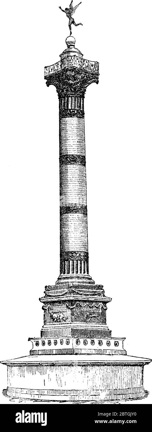 Colonne Juillet era un grande monumento a forma di un enorme pilastro con base quadrata, disegno di linee vintage o illustrazione di incisione. Illustrazione Vettoriale